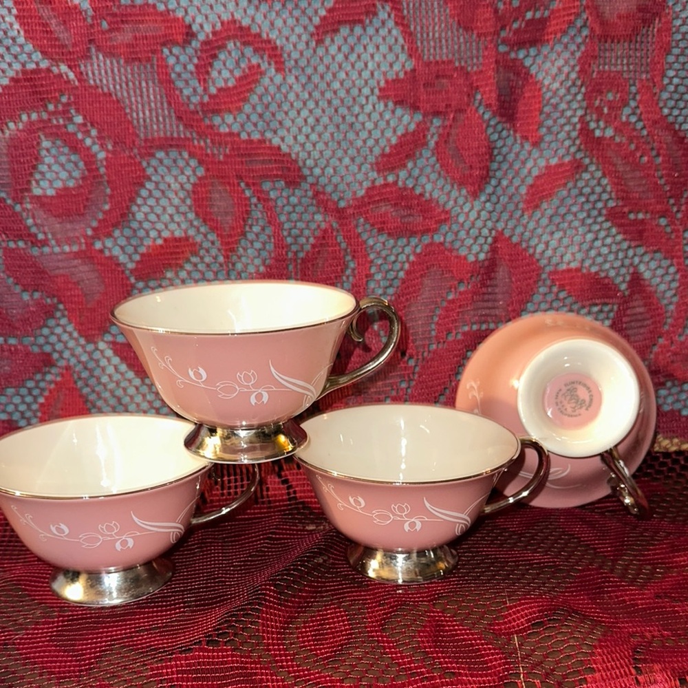 Elegant Pink Teacup Set with Silver Trim